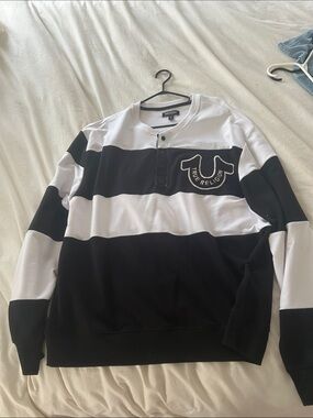 True Religion Black & White Striped Crewneck Henley Sweatshirt